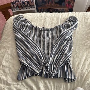 American eagle off the shoulder blue and white striped long sleeved top